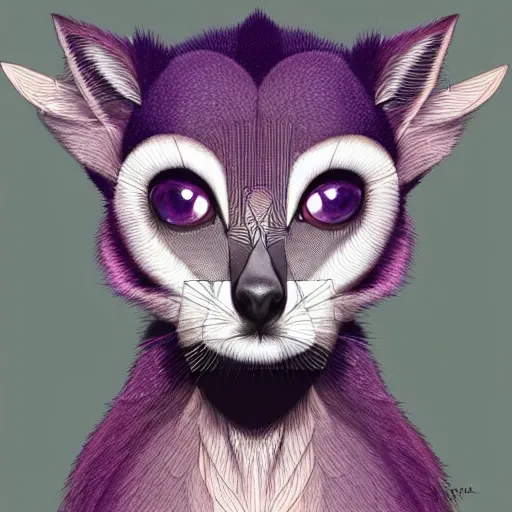 Image similar to Geometric symmetrical purple lemur, sun in the background, intricate, elegant, highly detailed, digital painting, artstation, concept art, smooth, sharp focus, illustration, art by artgerm