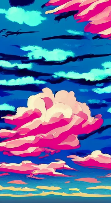 Image similar to pink clouds, under blue clouds, under black sky, smooth, cartoonish and simplistic, background artwork, digital art, award winning