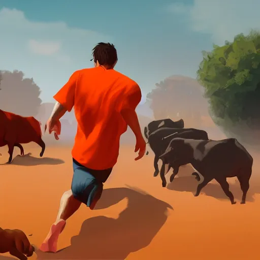 Prompt: man in orange t - shirt chased by big black bulls, artstation