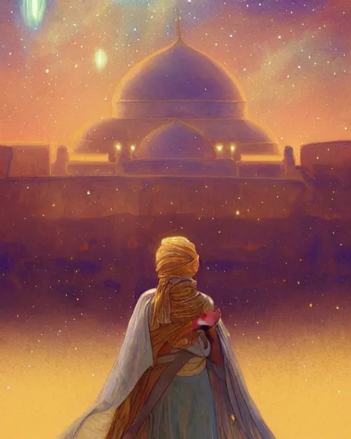 Image similar to bedouin child praying in galaxy walking towards mosque surrounded by nebula, highly detailed, gold filigree, romantic storybook fantasy, soft cinematic lighting, award, disney concept art watercolor illustration by mandy jurgens and alphonse mucha and alena aenami, pastel color palette, featured on artstation