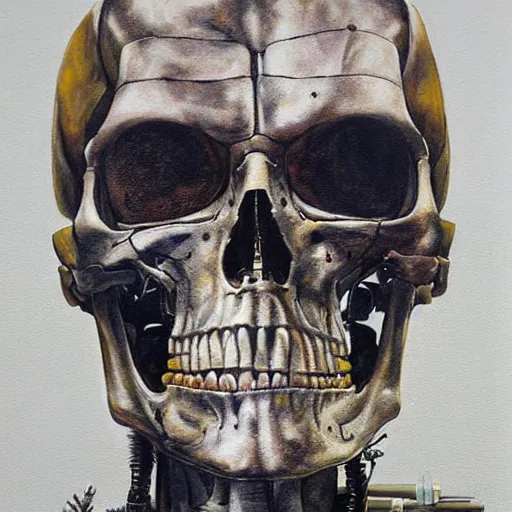 Prompt: terminator skeleton, looking away from camera, framed painting, hyperrealism vrubel