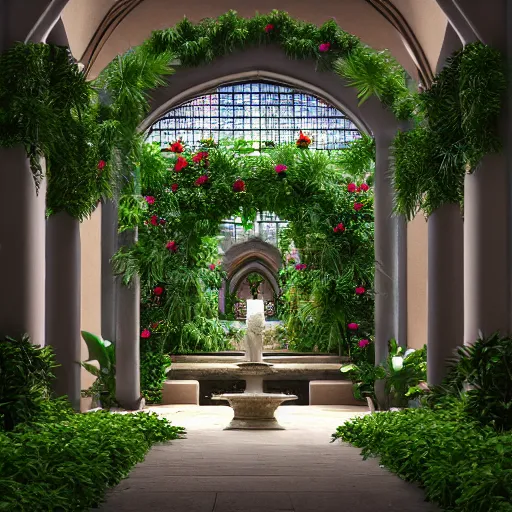 Image similar to cathedral interior with koi pond in the middle surrounded by palm trees, ivy, flowers, tropical plants, roses, and with archways. rendered in octane render with photorealistic lighting