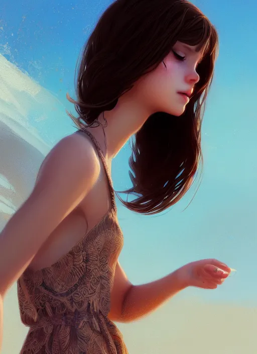 Image similar to a beautiful brown - haired girl with a summer dress in beach, intricate, elegant, highly detailed, digital painting, artstation, concept art, smooth, sharp focus, illustration, ethereal, misty, by ilya kuvshinov and jeremy mann, 8 k, octane render