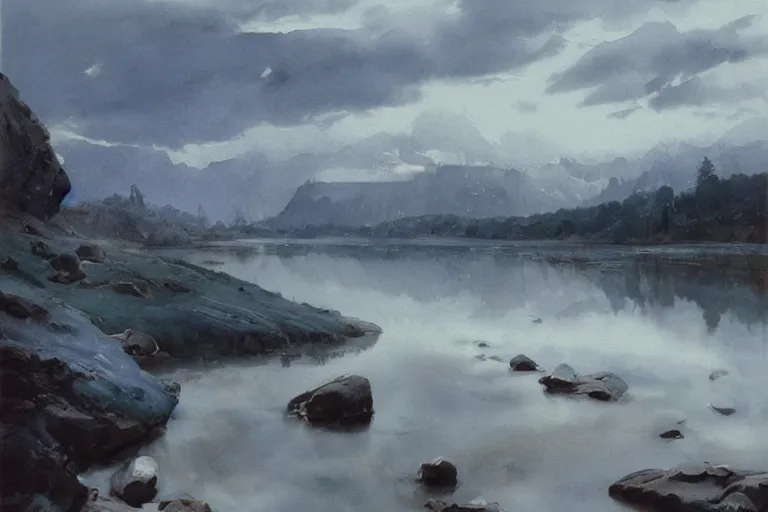 Prompt: watercolor painting of small cold river, reflections, shallow mountains and dramatic white clouds, mythological art by hans gude, ambient lighting and shadows, art by hans dahl, by jesper ejsing, art by anders zorn, wonderful masterpiece by greg rutkowski, cinematic light, american romanticism by greg manchess, creation by tyler edlin