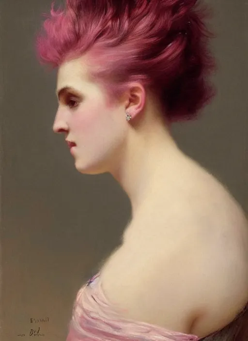 Prompt: a detailed portrait of woman with a mohawk by edouard bisson, year 1 8 9 0, pink hair, punk rock, oil painting, muted colours, soft lighting