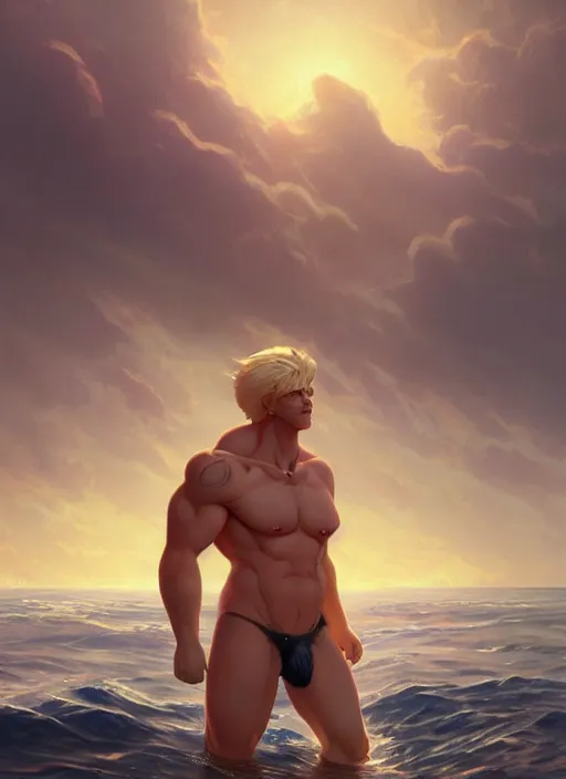 Prompt: award winning beautiful portrait commission art of a shirtless muscular albino male furry standing waist deep in a still sea at beutiful sunset, summer Atmosphere. Character design by charlie bowater, ross tran, Greg Rutkowski,Thomas Kinkade and makoto shinkai, detailed, inked, western comic book art