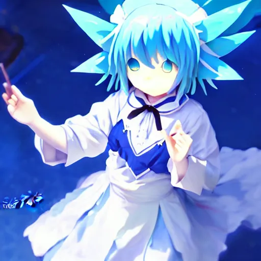 Prompt: pixiv artwork of cirno from touhou project, cirno touhou artwork by greg rutkowski makoto shinkai key art kyoto animation