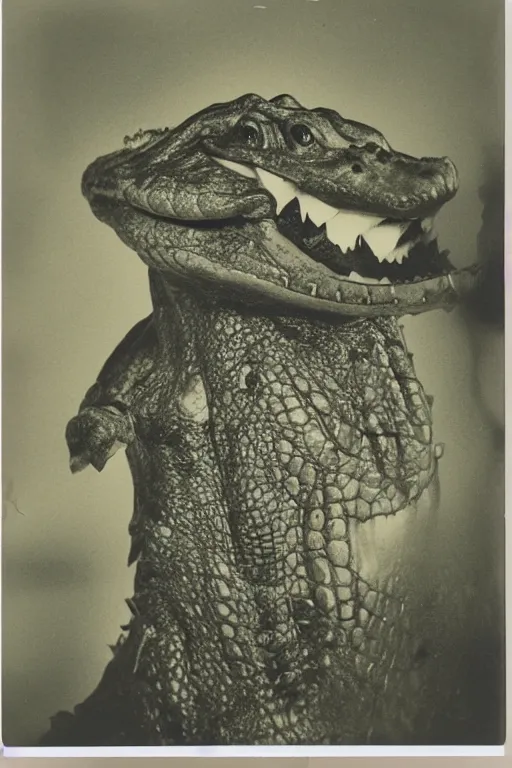 Image similar to a beautiful polaroid of a crocodile headed god