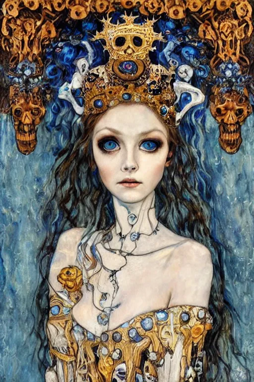 Image similar to The Princess of Bones by Karol Bak, Jean Deville, Gustav Klimt, and Vincent Van Gogh, portrait of a porcelain doll princess wearing a crown, porcelain ball-joint doll face with blue painted tattoos, pale blue eyes, mystic eye, otherworldly, crown made of bones, ornate jeweled crown, skulls, fractal structures, arcane, inscribed runes, infernal relics, ornate gilded medieval icon, third eye, spirals, rich deep moody colors