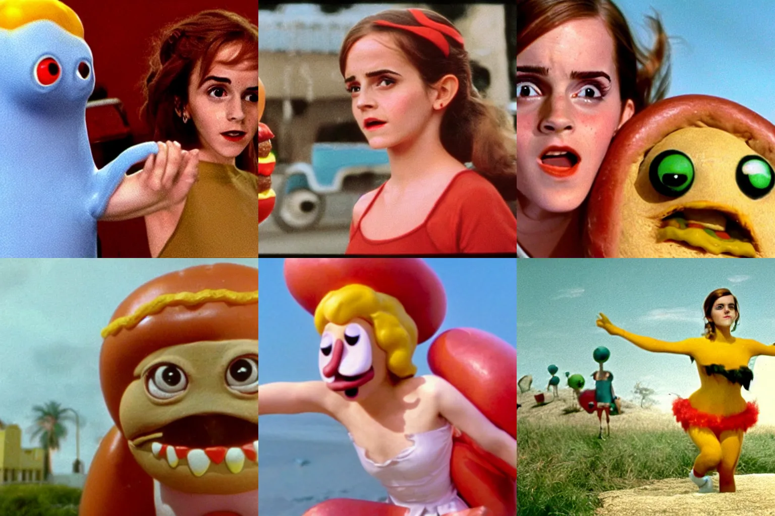 Prompt: color movie still of emma watson in'hot dog monster vs hamburger monster'by ray harryhausen