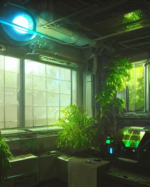 Image similar to Solarpunk gaming PC, futuristic utopia, scifi, green plants, blue light, small room, fine details, atmosphere, glow, extreme realistic, trending on artstation