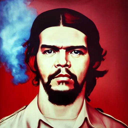 Prompt: colour masterpiece surreal closeup portrait photography of che guevara by miho hirano and annie leibovitz and michael cheval, red and white smoke background, 8 k