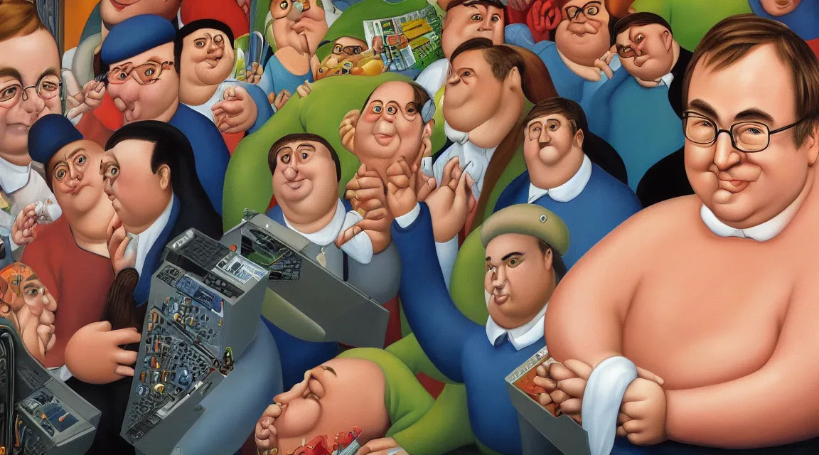 Image similar to Wallpaper of Linus Torvalds in a datacenter painted by fernando botero