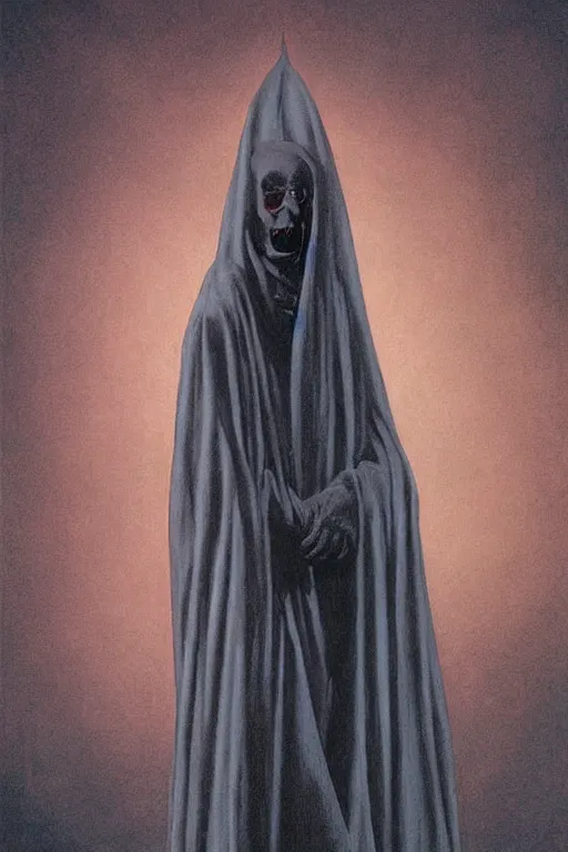 Prompt: a bald vampire wearing a long black robe with large bat ears huge black eyes and gray skin, character art, nosferatu, painting by wayne barlowe