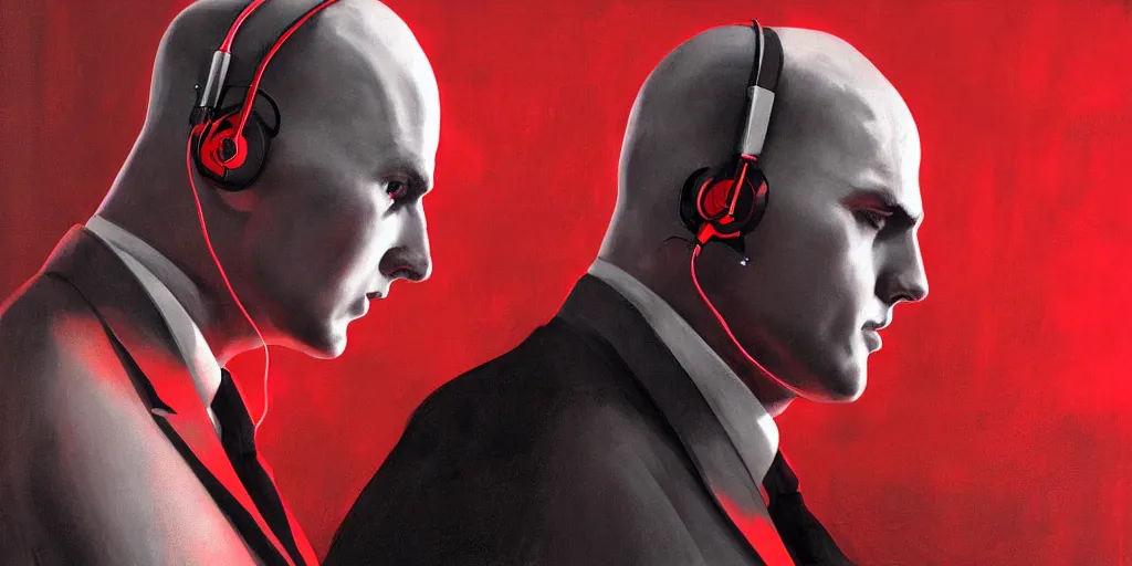 Image similar to a portrait of agent 4 7 from hitman wearing large headphones with wires in the background listening to music, dark background, red rim light, smooth, sharp focus, art by irina french