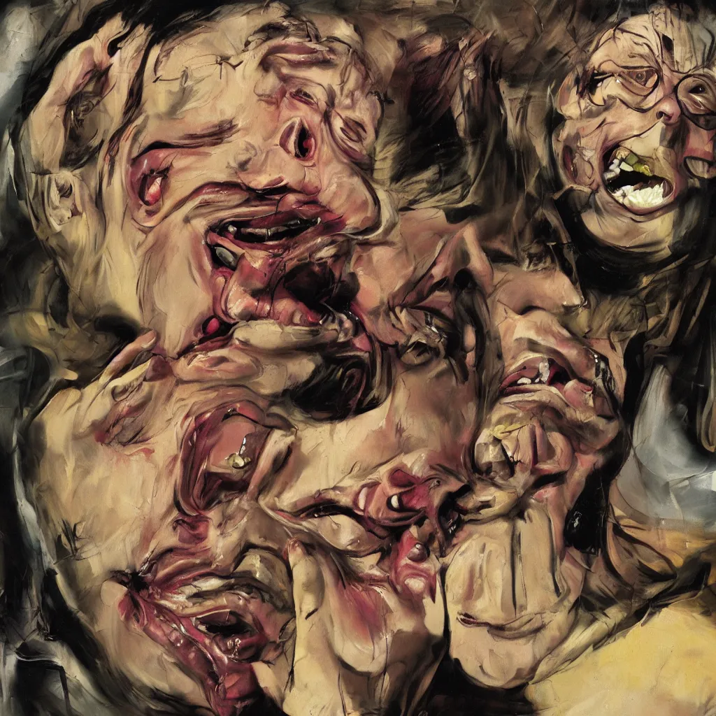 Image similar to oil painting by francis bacon and jenny saville portrait of todd solondz laughing, extremely bizarre disturbing, intense chiaroscuro lighting perfect composition masterpiece intense emotion