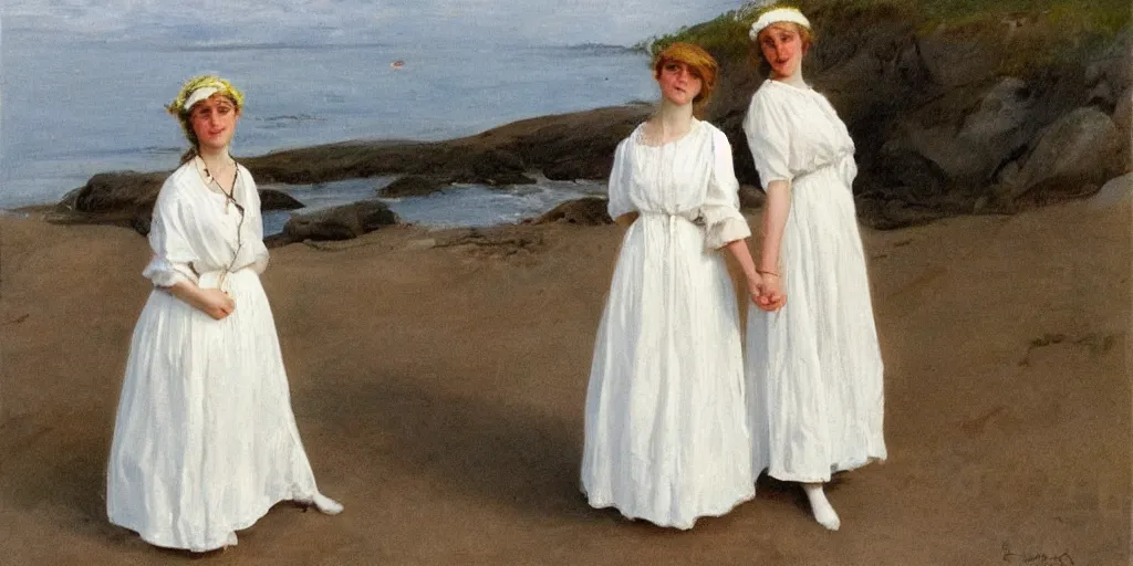 Image similar to two young edwardian women wearing white dresses hold hands on a beach in Sweden, in the style of Anders Zorn