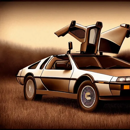 Image similar to a sepia photograph of a delorean time machine on the oregon trail, trending on art station,