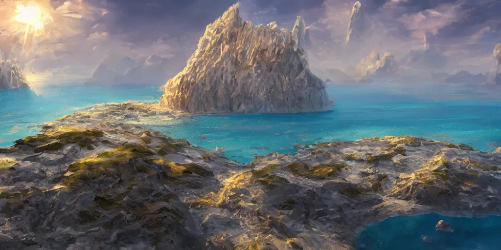 Image similar to salt covered islands surrounded by steep quartz cliffs, illustration, bright sunlight, sun glints, sunrays, digital art, oil painting, fantasy, 8 k, trending on artstation, detailed