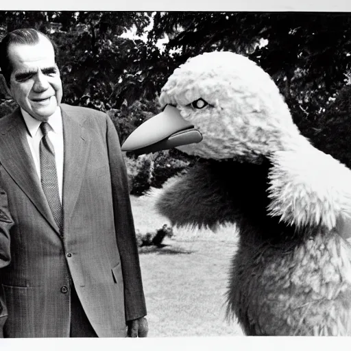 Image similar to Richard Nixon being secretly photographed meeting Big Bird in a park, cia, black and white photo, photorealistic