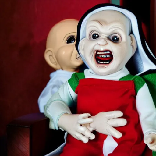 Prompt: a nun in church holding chucky the killer doll on her lap