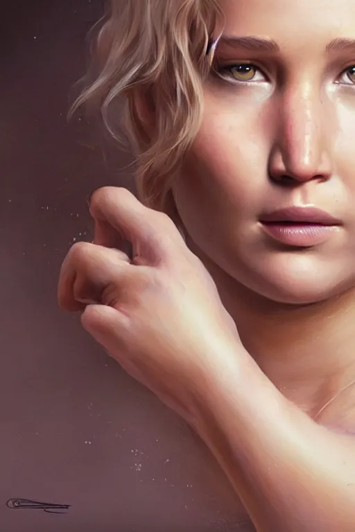 Image similar to Jennifer Lawrence, anatomy, only two hands, highly detailed, digital painting, artstation, concept art, smooth, sharp focus, illustration, Unreal Engine 5, 8K, art by art by artgerm and greg rutkowski and edgar maxence