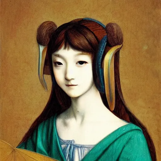 Image similar to hatsune miku in the style of leonardo da vinci, oil painting