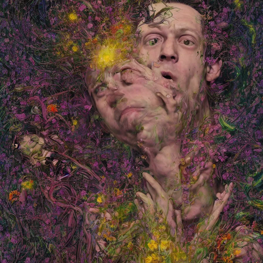 Image similar to male portrait of todd solondz tripping on dmt and becoming god, surrounded by flowers by francis bacon, karol bak, james jean, tom bagshaw, rococo, trending on artstation, cinematic lighting, hyper realism, dramatic, emotional, octane render, 8 k, hyper detailed.