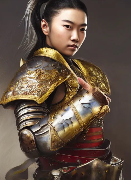 Prompt: a portrait of a beautiful young chinese warrior in armor, by artgerm, nick silva, ja mong, greg rutkowsky, oil painting, soft painting, photorealism, skin reflections