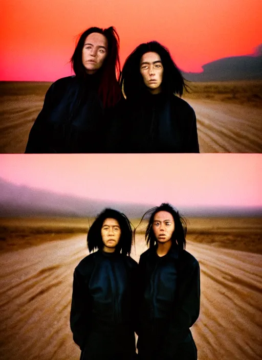 Image similar to cinestill 5 0 d photographic portrait of two loving clones, women wearing rugged black techwear on a desolate plain with a red sky, extreme closeup, diverse species, cyberpunk, in front of a brutalist dark metal facility, dust storm, 3 5 mm, 8 k, f / 3 2, high resolution, ultra realistic faces, beautiful faces