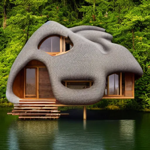 Prompt: a house made of a long hair. The house is made of 3 mammalian abdomens. The fur house sits in a lake on the edge of a forest. A family is living inside the fur house and it is furnished with contemporary furniture and art. ultra wide shot, Coronarender, 8k, photorealistic