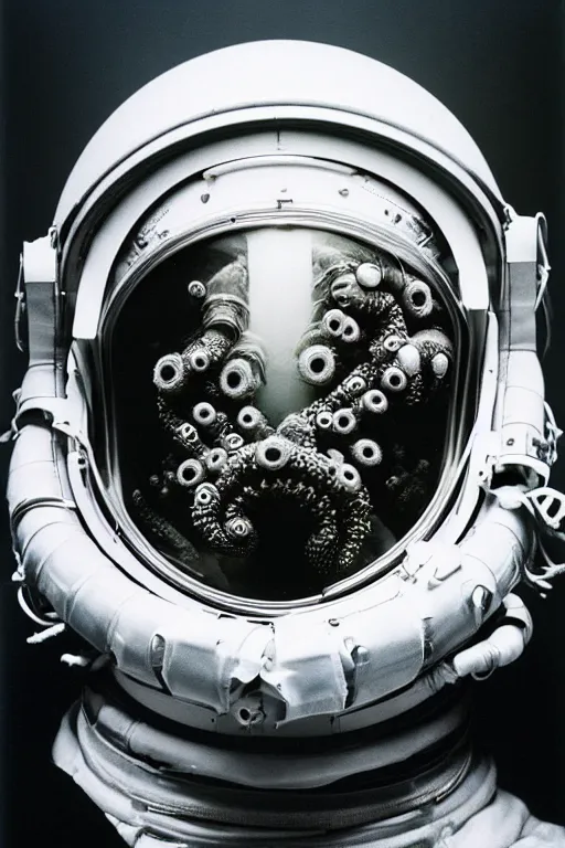 Prompt: extremely detailed studio portrait of space astronaut, alien tentacle protruding from eyes and mouth, slimy tentacle breaking through helmet visor, shattered visor, full body, soft light, plain studio background, disturbing, shocking realization, award winning photo by richard avedon