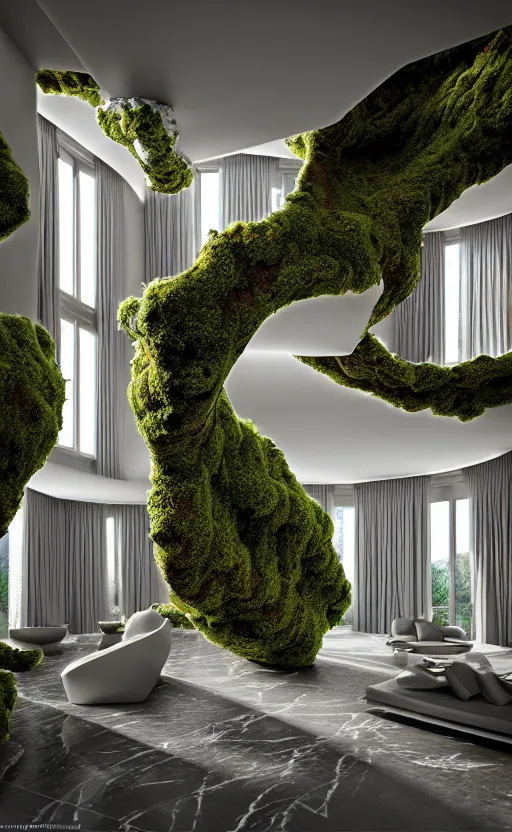 Image similar to highly detailed ultra sharp 3 d render villa interior cinematic composition of a smooth ceramic porcelain biomorphic magnolia stone nebula fluid fractal sci - fi surreal architecture landscape, granite, metallic, magnesium, marble, moss and lichen, vincent callebaut composition, mamou - mani, archviz, beautiful lighting, 8 k, unreal engine, hdr,