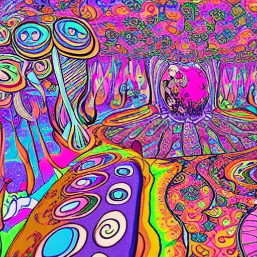 Image similar to psychedelic trippy cartoon couch in the deep dark forest