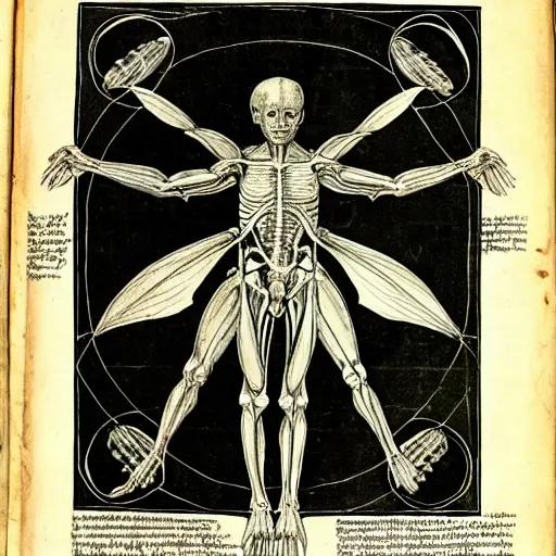 Image similar to page of an old anatomy book of fantastic creatures, depicting the anatomy of a magical fairy, laid out like the vitruvian man, old parchment