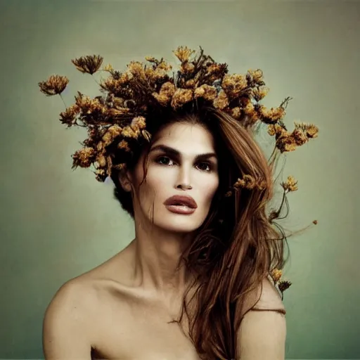 Image similar to fine art photo of cindy crawford, she has a crown of dried flowers, by oleg oprisco