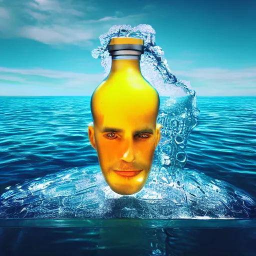 Image similar to surreal 3 d art of a human head stuffed in a bottle, on the ocean water, futuristic, glowing, hyper realistic, ray tracing, realistic water splashes, sharp focus, long shot, 8 k resolution, cinematic, photoshop art