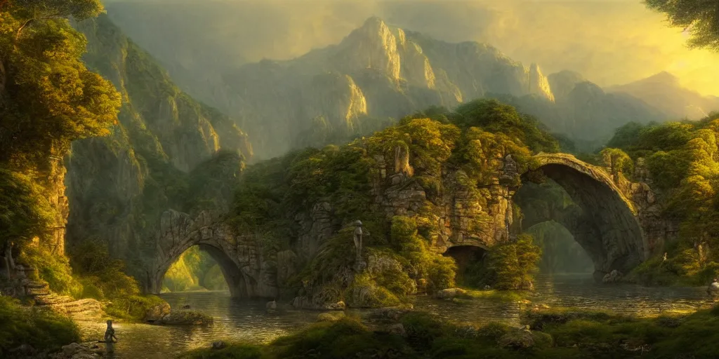 Image similar to The Pavilion at the gorge in Rivendell, evening, detailed matte painting, cinematic, Alan Lee, Artstation