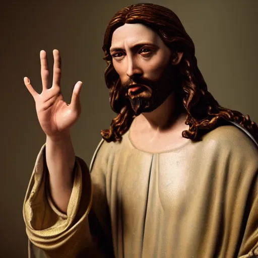 Image similar to uhd real 8 k photo of jesus showing his middle finger, digital art, portrait, portrait concept art, special effects, finely detailed, studio lighting, correct details, correct face, accurate middle finger