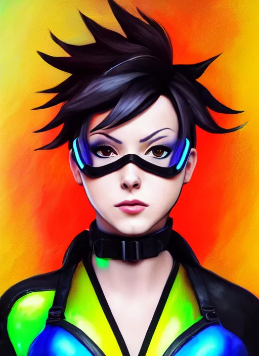 Image similar to overwatch style oil painting portrait of tracer overwatch, confident pose, wearing black iridescent rainbow latex, rainbow, neon, 4 k, expressive surprised expression, makeup, wearing black choker, wearing sleek armor, studio lighting, black leather harness, expressive detailed face and eyes,