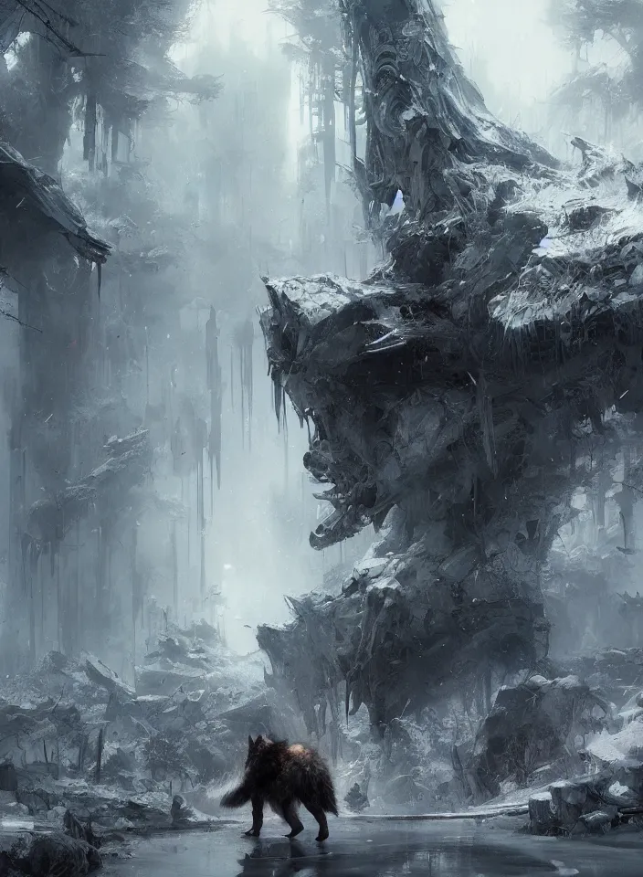 Image similar to a lone wolf in a nightmare landscape, autumn, white fur, sad, emotive, high detail, cinematic, beautiful painting by wadim kashin, ruan jia, android jones, jakub rebelka