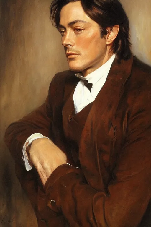 Image similar to portrait en buste alain delon by mark arian, by hughes merle, by pierre auguste cot, perfectly detailed eyes oil on canvas, masterpiece, realism,