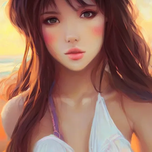 Image similar to portrait of beautiful woman on the beach, brown eyes!!!!!!!!!!, sunset, highly detailed!!!!!!!!, bokeh!!!!!!!, trending on art station, digital painting by wlop!!!!!!!!!, rossdraws, artgerm.