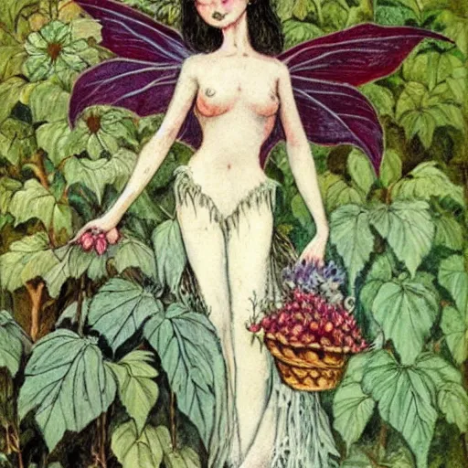 Prompt: dark gothic fairy posing with castor bean plant by Cicely Mary Barker