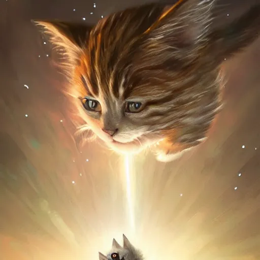 Image similar to a single cartoonish kitten dressed as Gandalf floating in space, bright stars, anime, a fantasy digital painting by Greg Rutkowski and James Gurney, trending on Artstation, highly detailed