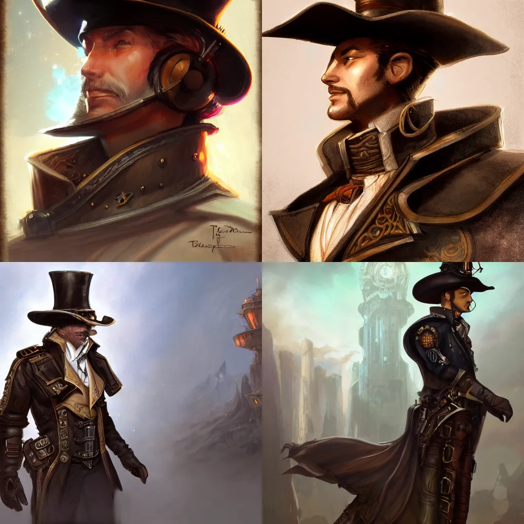 Prompt: a side-view full-length portrait of a noble gunslinger male in hat in the center, steampunk spaceship on background, by tyler edlin and lindsey look, victorian, concept art, steam romance, adventure, detailed, 4k resolution, trending on artstation