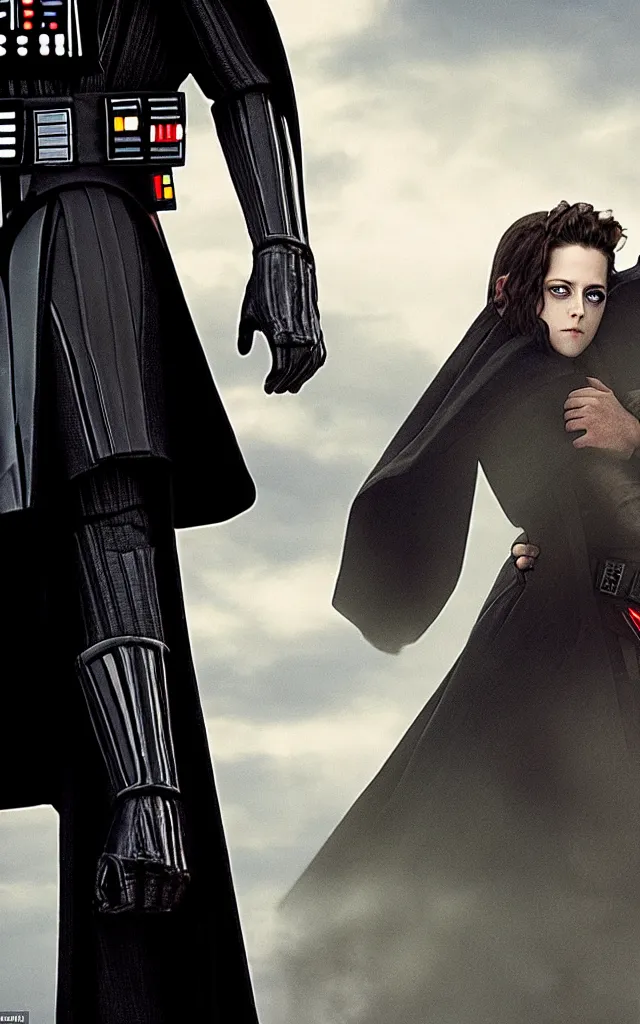 Image similar to darth vader and kristen stewart staying together in front of, on the background star destroyer landed on the wood ground, romantic poster for the twillight movie