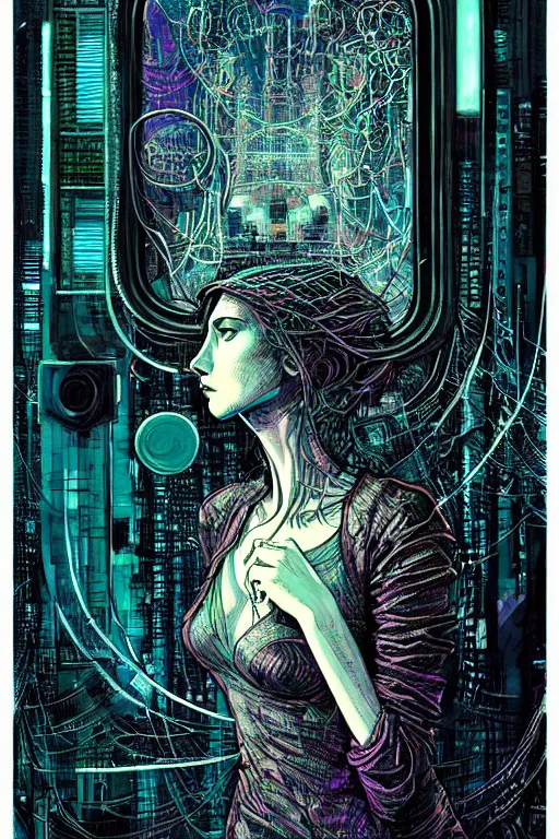 Image similar to dreamy cyberpunk girl, abstract mirrors, digital nodes, beautiful woman, detailed acrylic, grunge, intricate complexity, by dan mumford and by alberto giacometti, arthur rackham