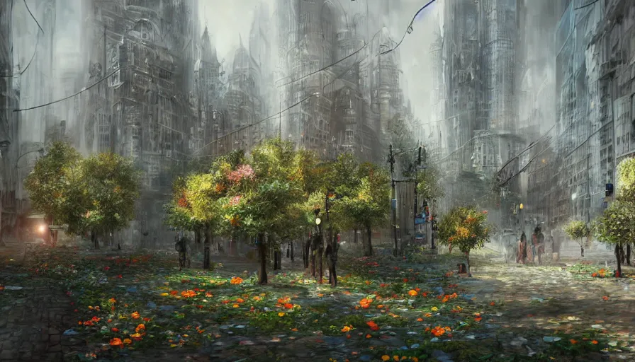 Image similar to magnificent city in late spring, flowers will fade, some fog, realistic style, high details, scene concept. digital art, trending on artstation