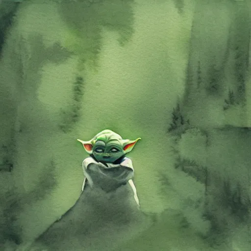 Image similar to view from above, medium - shot, baby yoda on a well lit path in a dimly lit forest, dramatic cloudy setting sun, watercolor and ink, muted color. minimalist, detailed ue 5